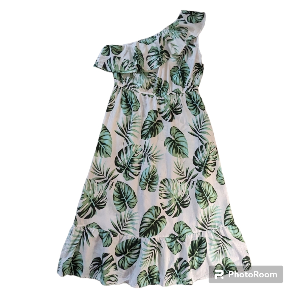 Cupshe Dress Womens Sz XL Green Leaves & Fronds Ruffles One Shoulder 100% Cotton - Picture 12 of 12